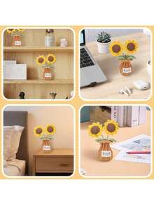 1pc Handmade Crochet Sunflower, Rose, Tulip Artificial Flowers With Vase, Small Crochet Potted Fake Flowers For Desk, Wall, Office, Home, Car Decor, Suitable As Birthday, Anniversary, Mother's Day, Christmas, Valentine's Day Gift - Multicolor - View 2