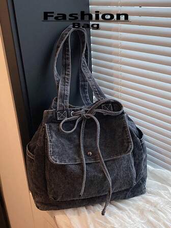 纯色复古帆布抽绳多口袋单肩包/手提包，女士适用，适合上学、通勤、购物