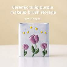 花朵造型笔筒化妆刷收纳罐陶瓷桌面可爱文具收纳架，适合女孩、办公室、学生使用 - 彩色 - 查看 17