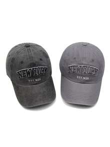 1 pieza Gorra de béisbol vintage americana con bordado de letras desgastada, ropa de calle unisex - negro + gris - Ver 1