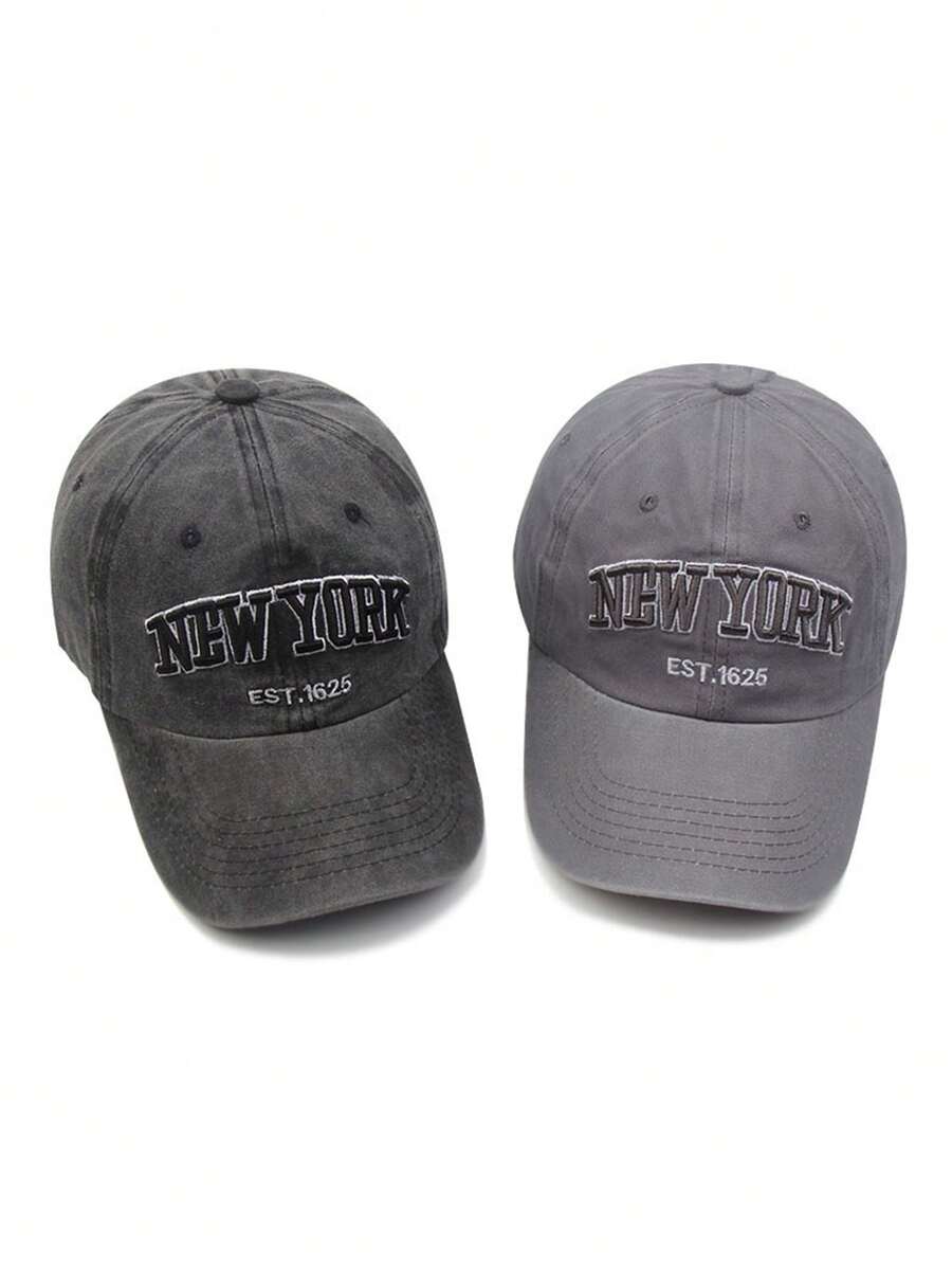 1 pieza Gorra de béisbol vintage americana con bordado de letras desgastada, ropa de calle unisex - negro + gris - Ver 1