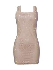 时尚水钻纯色露背吊带性感无袖连衣裙，适合生日派对、婚礼等春季场合。 - 金色 - 查看 4