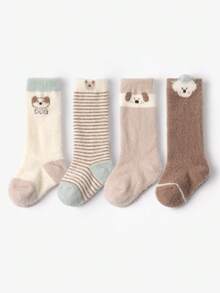 4 đôi tất dày đến giữa bắp chân họa tiết hoạt hình dành cho trẻ mới biết đi và trẻ em, ấm áp cho mùa thu/đông - Nhiều màu - Xem 1