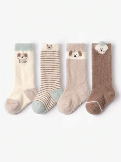 4双装幼儿及儿童卡通加厚中筒袜，秋冬季保暖