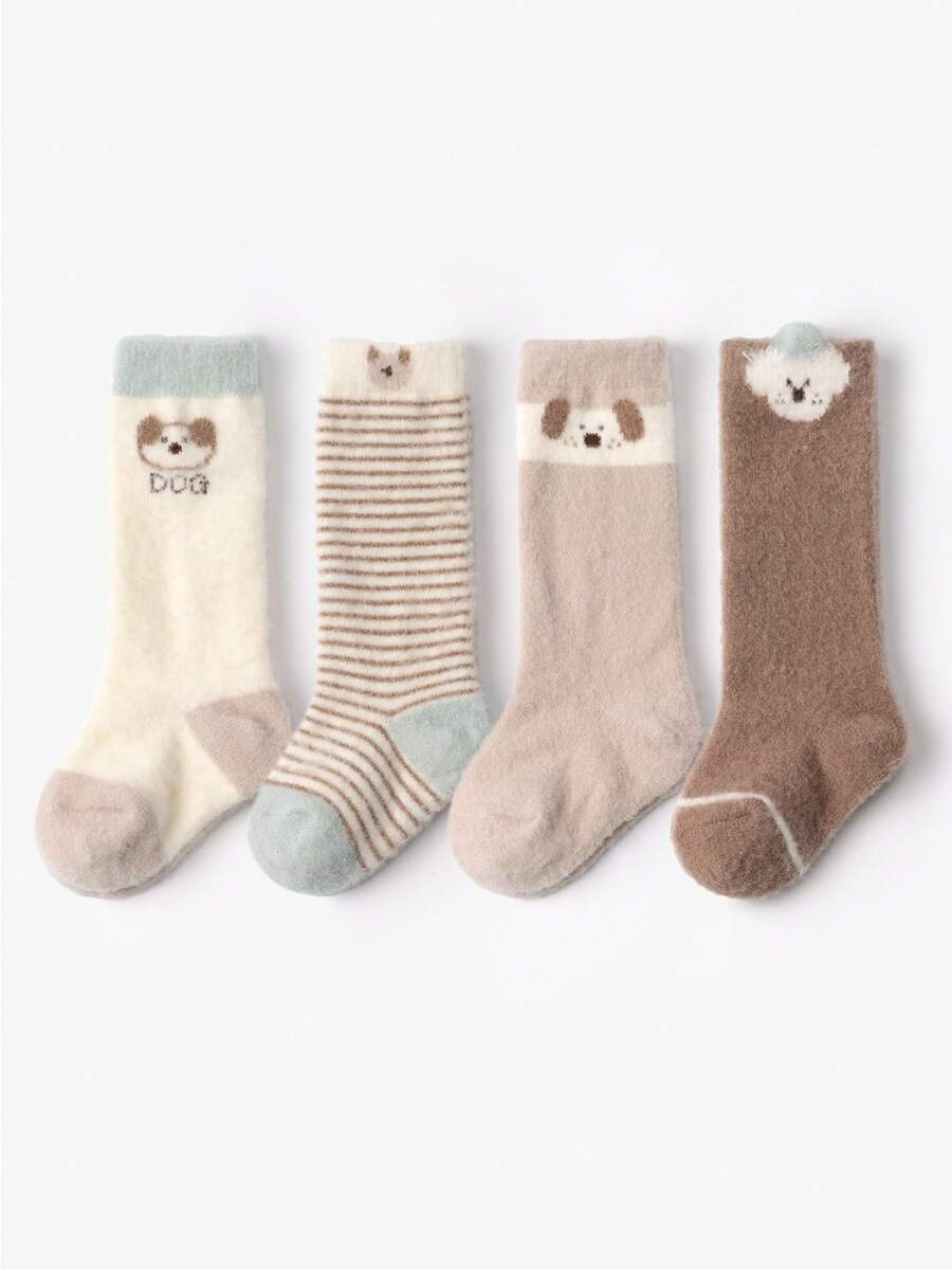 4 đôi tất dày đến giữa bắp chân họa tiết hoạt hình dành cho trẻ mới biết đi và trẻ em, ấm áp cho mùa thu/đông - Nhiều màu - Xem 1