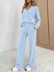 Women's Two-Piece Pullover Sweater Set Oversized V-Neck Top Wide-Leg Pants Autumn And Winter Plush Casual Wear - 天藍色 - 查看 3
