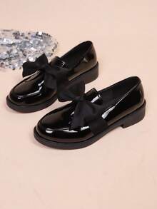 女士通勤圆头蝴蝶结装饰镜面黑色平底鞋，英伦风套脚乐福鞋，休闲中跟运动鞋，日常百搭，适合35-44码，秋冬季及四季皆宜 - 黑色 - 查看 5