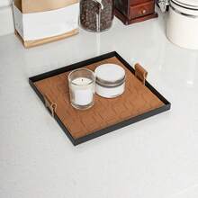 Bandeja de cuero metálico de lujo con asa - Organizador de almacenamiento de uso múltiple para tazas de café, joyas, llaves, gafas, cosméticos y talla grande | Bandejas decorativas rectangulares, cuadradas y ovaladas en beige y marrón | Ideal para el hogar, la cafetería, fiestas y regalos - Multicolor - Ver 6