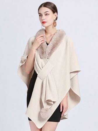 1pc Elegant Solid Color Faux Rabbit Fur Collar Knitted Cape Poncho For Women, Fashion Versatile Thick Warm Loose Cardigan Cloak Outerwear, Suitable For Daily Wear, Autumn/Winter