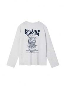 女士小码汉堡包和英文字母印花长袖圆领T恤，适合秋冬季休闲穿着，春季百搭 - 淺花灰 - 查看 4