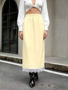 Fashionable Women's A-Line Skirt, Casual & Versatile Christmas, Elastic Waist, Elegant Lace Design, Knee-Length Satin Skirt