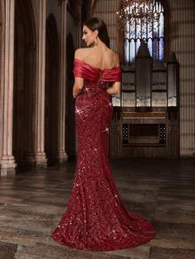 Vestido de noche glamoroso con lentejuelas QOQ, elegante vestido formal para damas adecuado para fiesta de cóctel, baile benéfico, banquete, celebración, cumpleaños, vestido largo con espalda descubierta y abertura alta en unicolor - Burdeos - Ver 3