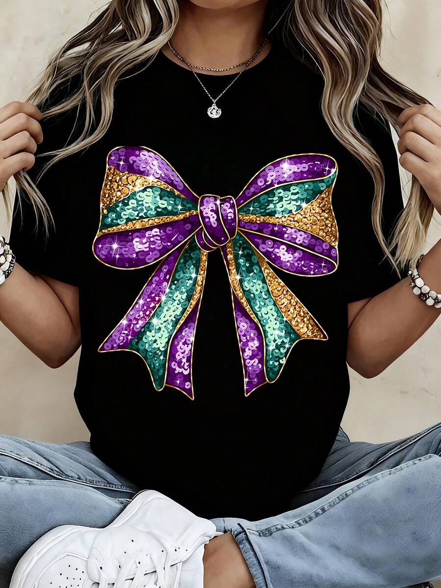 Mardi Gras Sequin Bow Print T Shirt Women Casual Short Sleeve Top Party Wear Fashion Graphic Tee - 黑色 - 查看 1