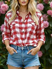 Blusa casual de manga larga regular para mujer - Rojo y blanco - Ver 7