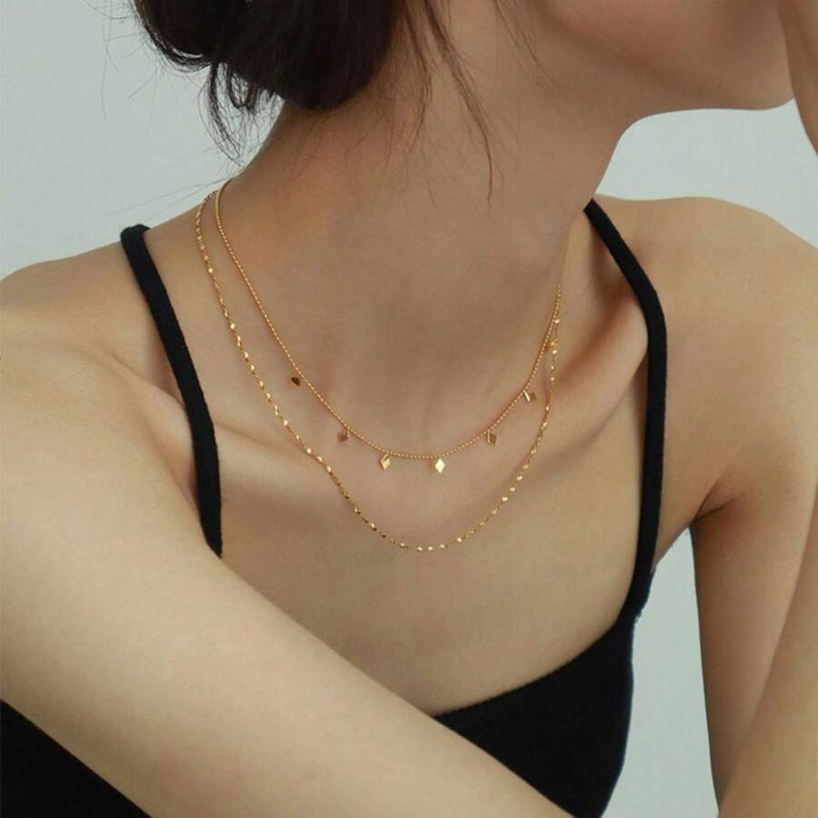 European And American Cross Necklace In Double-Layered 18K Titanium Steel With A Clavicle Chain And Tassel, Modern And Versatile For Women. - Gold - View 1
