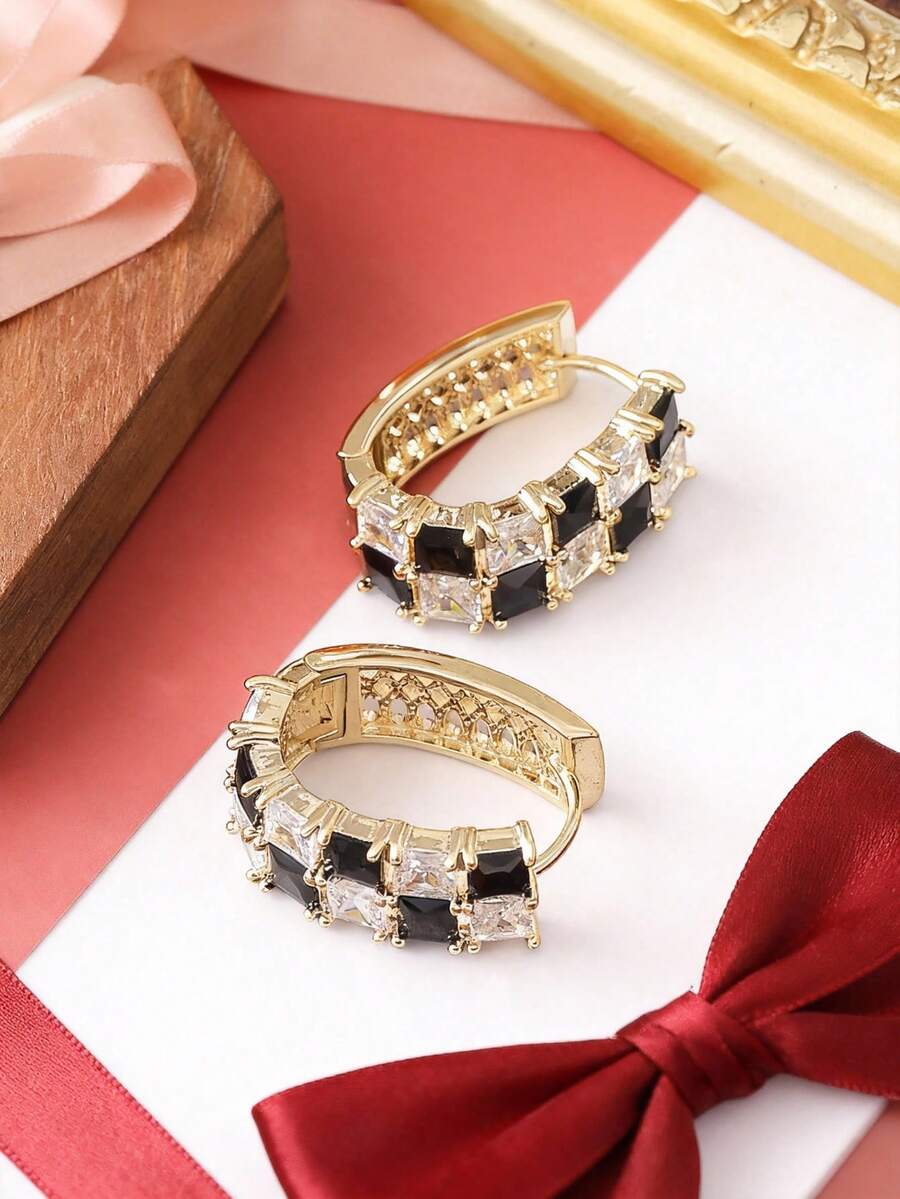 一对时尚几何方形黑白锆石棋盘格耳环，轻巧百搭，适合女孩佩戴 - 均碼 - 查看 1