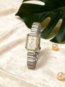 1pc/Set Teenage Simple Mixed Bar Scale Square Dial Steel Band Quartz Watch, Suitable For Birthday Gift, Halloween Gift - White - View 1