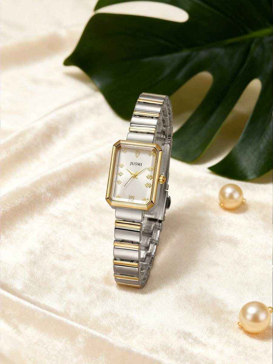 1pc/Set Teenage Simple Mixed Bar Scale Square Dial Steel Band Quartz Watch, Suitable For Birthday Gift, Halloween Gift - White - View 1