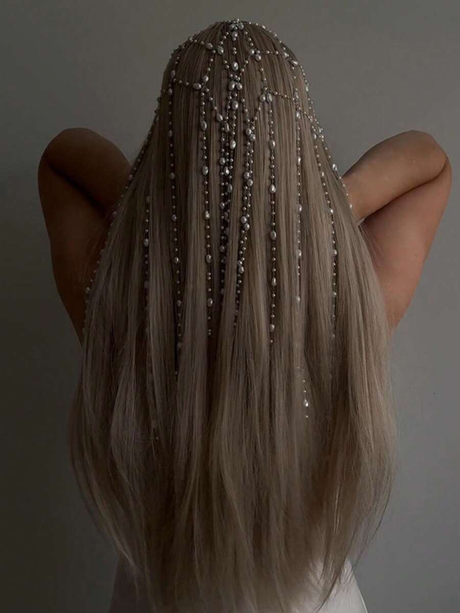 1 Stück Boho-Stil Silber Mesh Quasten Haarband, eleganter Perlen Haarschmuck, Frauenzubehör, Festival Geschenk, Haarzubehör - Silber - Übersicht 1