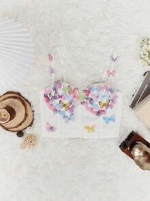 Rave Festival Colorful Butterfly Applique Decor Backless Fishbone Bustier Crop Cami Corset Tank Top - White - View 4