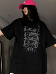 女士新款字母骷髅印花圆领宽松休闲百搭 T 恤，夏季 - 黑色 - 查看 3