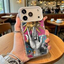 Funda de Teléfono Transparente con Diseño de Arte de Mano y Sol para iPhone 14 13 12 11 Pro Max y  Galaxy S23 S22 S21 S20, Opción de Regalo Ideal para Todas las Estaciones - Plateado - Ver 2