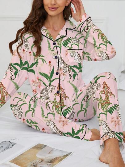 Marira Women 2pcs/Set Autumn Winter Floral & Tiger Print Sleepwear Pajama Set, Cozy Lapel Long Sleeve Top And Elastic Waist Loose Pants, Casual Outdoor Homewear,Two Pieces Set, Fall Clothes