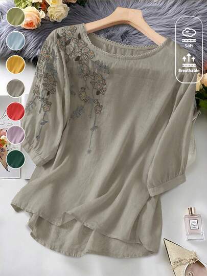 Women's Embroidered Loose Boho Vintage Blouse, Spring/Summer Casual Tops