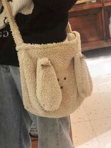 Soft & Fluffy Gray Rabbit Design Tote Bag, Large Capacity Cute Casual Crossbody Bag, Suitable For Commuting, Outing, Daily Shopping, Korean/Japanese Style