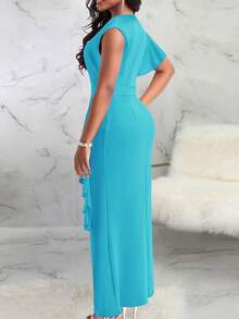 Women's Solid Color Round Neck Patchwork Ruffle Side Slit Elegant Party Dress - Sky Blue - View 7