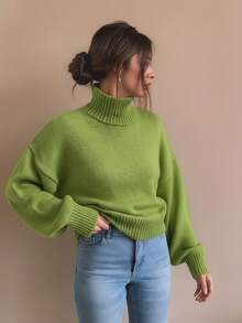 Women's Loose Casual Green Turtleneck Sweater, Street Expert - Green - View 2