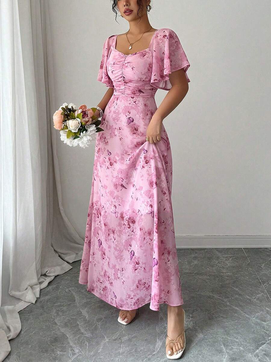 Women's Elegant Floral Print Short-Sleeve Dress - 2026 Spring & Summer New Style, Featuring A Stylish Square Neck, Ruffled Sleeves, And A Ruched High Waist Design, Slim-Fitting & Figure-Flattering, A Long Dress Suitable For Occasions Like Dates, Vacations, Spring Outings, And Back-To-School Season - Hồng - Xem 1