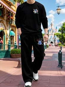 Disney طقم تيشيرت بأكمام طويلة وبنطال فضفاض واسع، مميز بتصميم ألوان سادة وطباعة رسومات خياطة، طراز كاجوال مناسب للارتداء اليومي والجري وغيرها من المناسبات، متعدد الاستخدامات للربيع والخريف