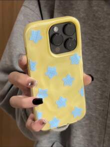Étui de téléphone à motif d'étoiles et de grille bleue Y2K avec motif froissé, compatible avec 17 Pro Max, 17 Pro, 17 Air, 16 Pro Max, 14, 15 Pro, 16 Plus, 13, 12, 11. Coque souple. - Jaune citron - Voir 1