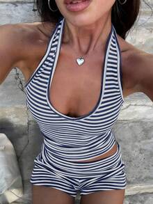女士休闲运动吊带背心和短裤两件套，彩色条纹 - 藏藍白條紋 - 查看 3