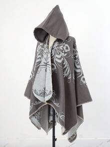 1pc Floral Jacquard Hooded Fashion High-End Women Shawl Poncho - Multicolor - View 5