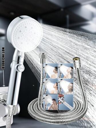 (Silver Shower Head + 150cm Silver Hose) High Pressure Shower Head Set, Hand-Held, Large Panel, Silicone, 5 Modes, Multi-Function Spray, Bathroom Shower Sprayer + 150cm Shower Hose