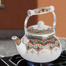 Ceramic Enamel Tea Kettle, 2.6 Quart Large Floral Colorful Teapot With Handle Stovetop, Retro Hot Tea Kettle Pot, No Whistling - Men trắng - Xem 5