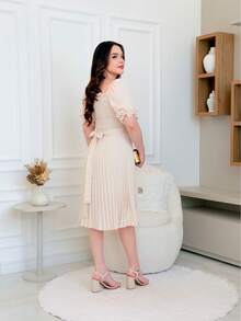 Pleated Midi Dress With Elastic Waistband - Apricot - View 4