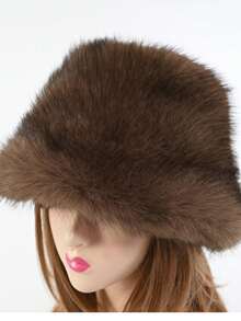 1 pièce Chapeau seau en fausse fourrure de renard, casquette cadeau de haute qualité en fausse fourrure d'hermine épaisse et - Acajou - Voir 6