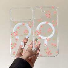 One Pack Of A Stylish Phone Case Featuring A Pink Floral Design, Designed To Be Shockproof And Magnetic, Compatible With The For Iphone 17 Series Including Models 17, 17 Pro, 17 Pro Max, 17 Air, 16E, 16 Pro Max, 16 Pro, 16, 15, 14, 13, 12, And 11., Shockproof Cover, Magnetic Closure, Stylish Accessory, Uv Printed Design, Acrylic Phone Cover, Decorative Phone Shell, Gift For Her, Mobile Accessories - Clear - View 5