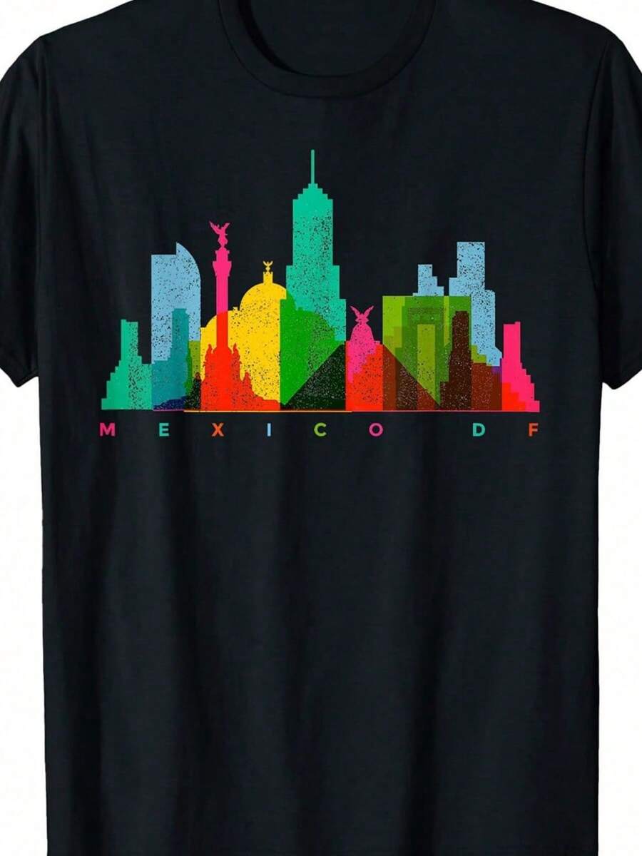Mexico DF Skyline Colourful Retro Vintage Mexico City T-Shirt Mens Summer Round Neck Short Sleeved Casual Cotton Print A - 黑色 - 查看 1