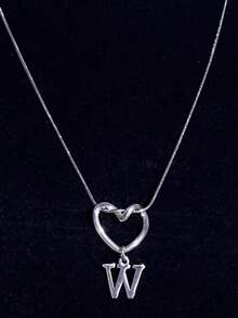 1 pieza Collar con colgante de corazón y 26 letras de estilo minimalista y elegante, joyería de mujer adecuada para uso diario, regalo perfecto para seres queridos - Plateado - Ver 13