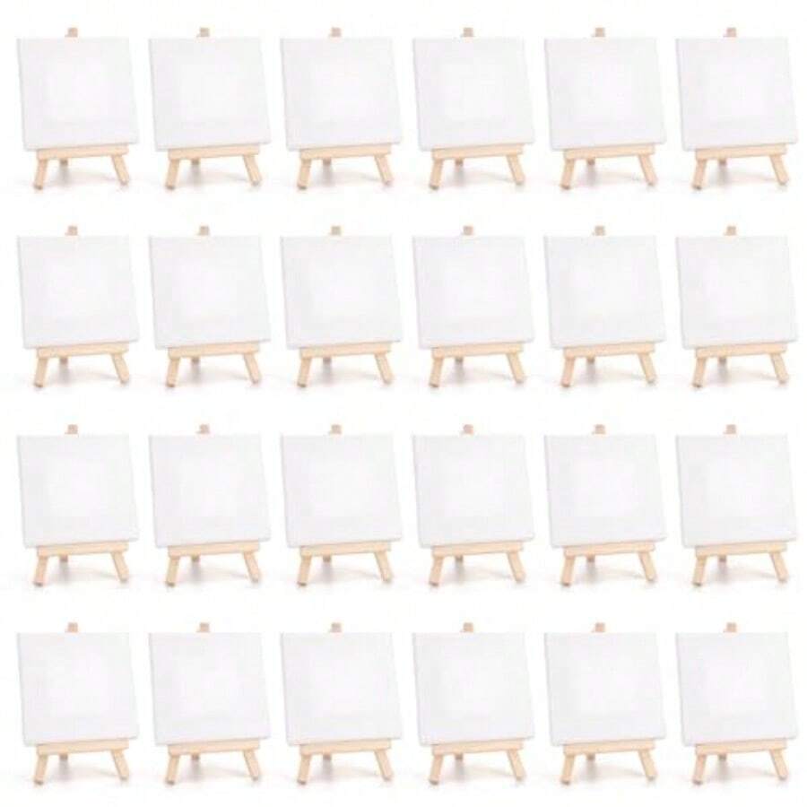 Juego de 24 mini lienzos de 4" x 4" y caballetes XZGB. Juego de caballetes de mesa de madera y paneles de lienzo para artistas, estudiantes y adultos que pintan - Blanco - Ver 1