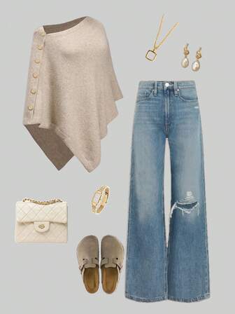 女士休闲优雅时尚通勤舒适纯色针织纽扣毛衣斗篷，适合居家、日常、办公、度假、春季、冬季、秋季、早春、早秋等季节的拍照穿着。