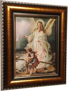 Cuadro Religioso Ángel de la Guarda, Marco Dorado Ornamental, Litografía con Detalles en Oro, 18x15, Decoración Religiosa para Hogar - 1 - Ver 5
