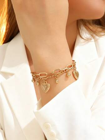 1pc Vintage Minimalist Multi-Layer Metal Beaded Chain Heart Pendant Bracelet, Everyday Wear For Women