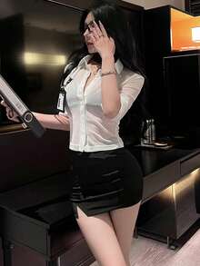 1 Áo + 1 Chân váy + 1 Áo giáp ngực, Bộ đồ lót thư ký công sở gợi cảm, xuyên thấu, ôm sát cơ thể, váy dạ hội, bộ đồ lót giáo viên hoàng gia ngây thơ. - trắng - Xem 10