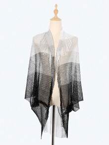 1pc Women's Colorblock Solid Mesh Breathable Versatile Tassel Fashion Beach Pool Bikini Cover Up Shawl