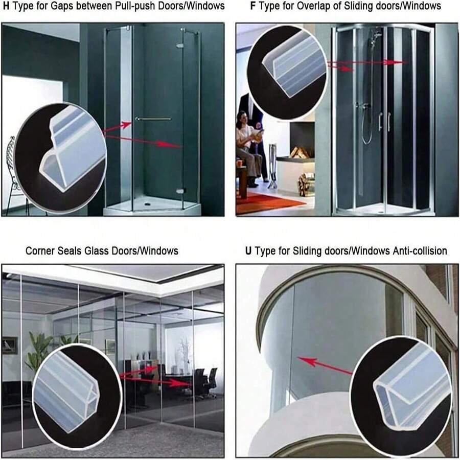 2 metros Tira de sellado de puerta tipo H/F/U Tira de sellado de silicona para bañera/ducha Burlete para puerta y ventana de oficina y balcón - Multicolor - Ver 1